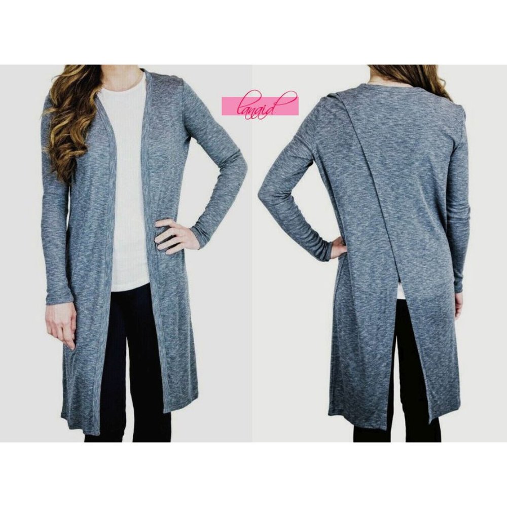 Athleta Camino Wrap Cardigan Heathered Grey Long Duster Open Back Backless Cardi